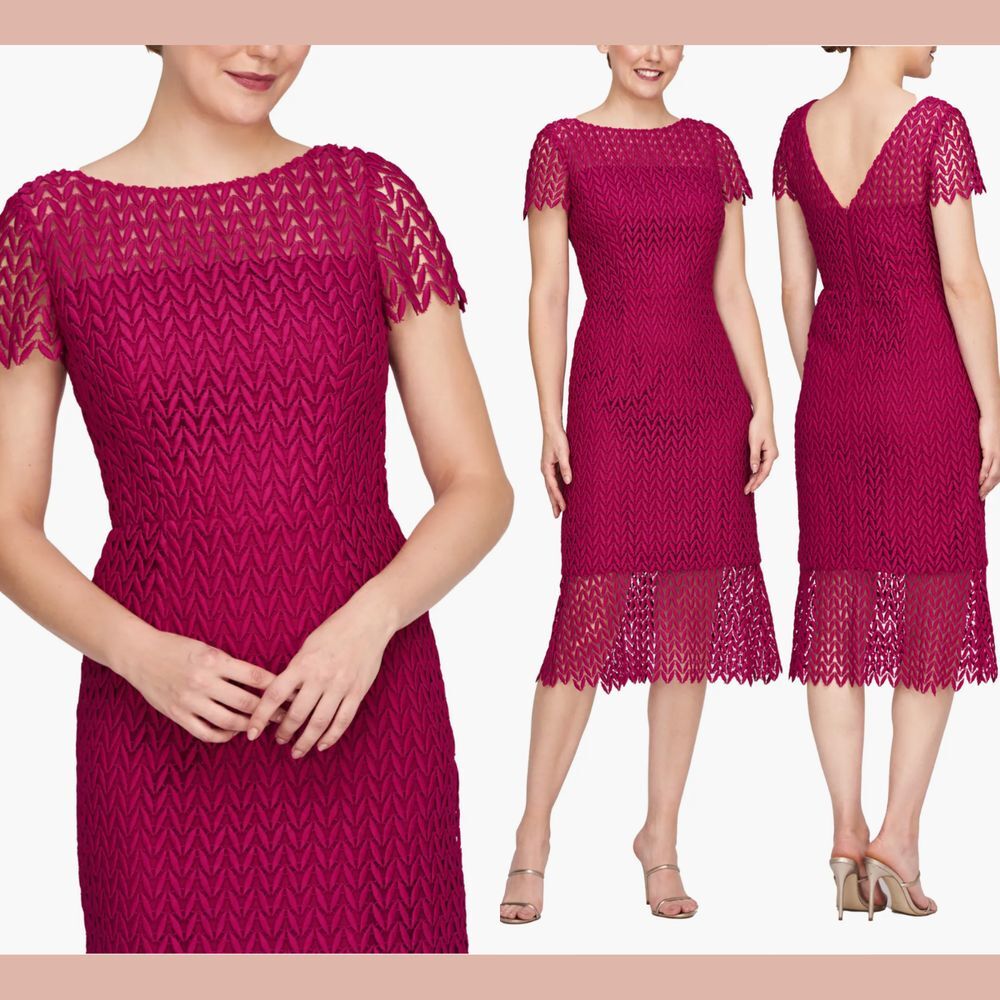 NWD‎ $248 Kay Unger  [ 12 ] Tatum Floral Lace Midi Cocktail Dress Sangria #Q1018